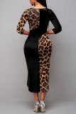 Yellow Elegant Leopard Hollowed Out Slit O Neck Wrapped Skirt Dresses