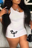 White Sexy Print Patchwork U Neck One Step Skirt Dresses