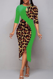 Yellow Elegant Leopard Hollowed Out Slit O Neck Wrapped Skirt Dresses