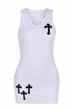 White Sexy Print Patchwork U Neck One Step Skirt Dresses