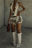 Grey Brown Sexy Tie Dye Tassel Patchwork Backless Fold Halter Sleeveless Two Pieces