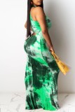 Light Green Fashion Sexy Print Tie-dye O Neck Sleeveless Dress