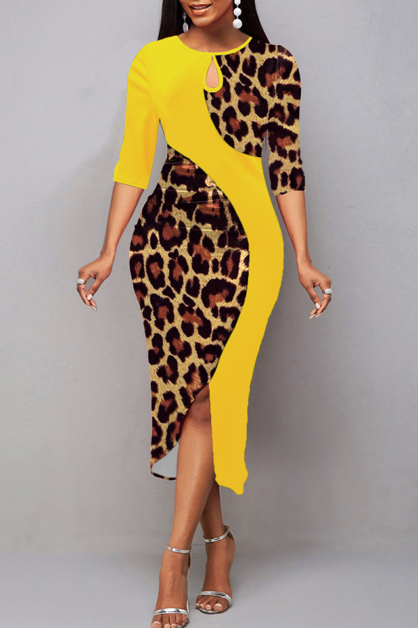 Yellow Elegant Leopard Hollowed Out Slit O Neck Wrapped Skirt Dresses