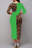 Yellow Elegant Leopard Hollowed Out Slit O Neck Wrapped Skirt Dresses