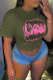Army Green Casual Daily Print Patchwork Letter O Neck T-Shirts