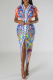 Blue Elegant Print Patchwork Fold V Neck Wrapped Skirt Short Sleeve Dress