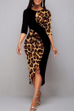 Yellow Elegant Leopard Hollowed Out Slit O Neck Wrapped Skirt Dresses