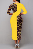 Yellow Elegant Leopard Hollowed Out Slit O Neck Wrapped Skirt Dresses