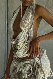 Grey Brown Sexy Tie Dye Tassel Patchwork Backless Fold Halter Sleeveless Two Pieces