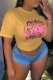 Yellow Casual Daily Print Patchwork Letter O Neck T-Shirts