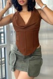 Brownness Sexy Casual Solid Backless Hooded Collar Tops
