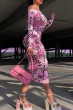 Pink Casual Print Patchwork Off the Shoulder Long Sleeve Dresses