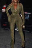 Gold Casual Solid Hollowed Out V Neck Long Sleeve Two Pieces
