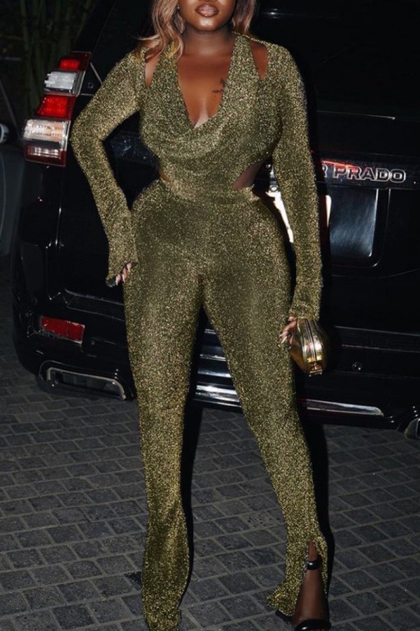 Gold Casual Solid Hollowed Out V Neck Long Sleeve Two Pieces