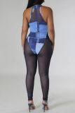 Blue Sexy Print Patchwork See-through Zipper O Neck Skinny Jumpsuits