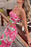 Pink Sexy Casual Print Backless Spaghetti Strap Sleeveless Two Pieces