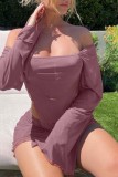 Bare Color Sexy Solid Backless Asymmetrical Off the Shoulder Long Sleeve Two Pieces