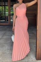 Pink Elegant Solid Hollowed Out Fold Reflective Oblique Collar Irregular Dress Dresses