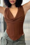 Brownness Sexy Casual Solid Backless Hooded Collar Tops