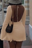 Khaki Casual Solid Basic O Neck Long Sleeve Dresses
