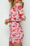 Pink Casual Print Fold Square Collar Long Sleeve Dresses