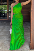 Green Elegant Solid Hollowed Out Fold Reflective Oblique Collar Irregular Dress Dresses