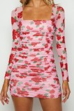 Pink Casual Print Fold Square Collar Long Sleeve Dresses