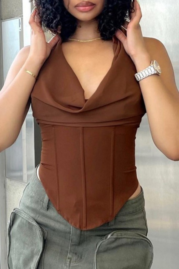 Brownness Sexy Casual Solid Backless Hooded Collar Tops