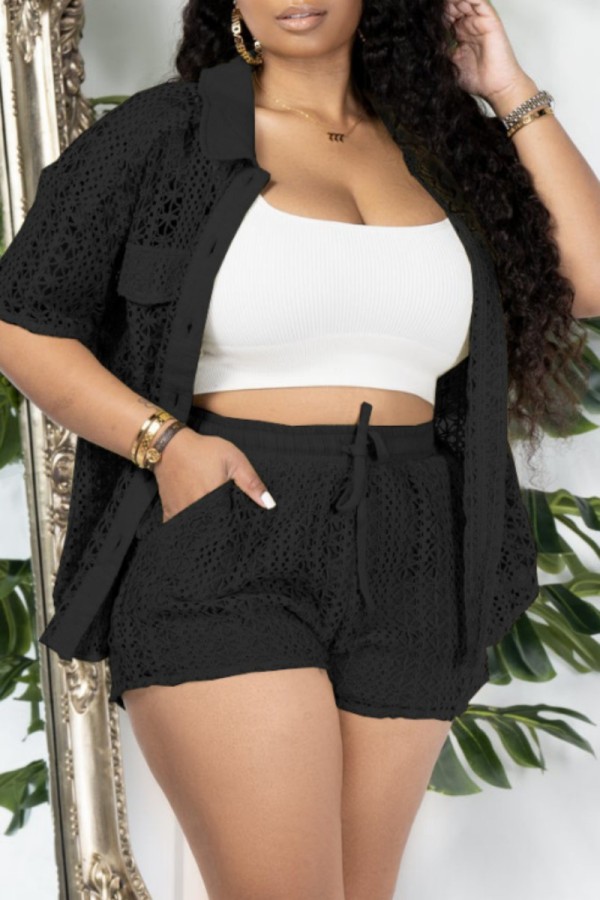 Black Casual Solid Hollowed Out See-through Turndown Collar Short Sleeve Two Pieces