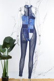 Blue Sexy Print Patchwork See-through Zipper O Neck Skinny Jumpsuits