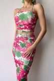 Pink Sexy Casual Print Backless Spaghetti Strap Sleeveless Two Pieces