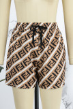Dark Brown Street Print Letter High Waist Straight Bottoms