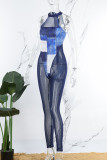 Blue Sexy Print Patchwork See-through Zipper O Neck Skinny Jumpsuits