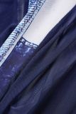 Blue Sexy Print Patchwork See-through Zipper O Neck Skinny Jumpsuits