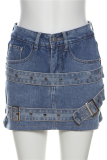 Blue Street Solid Pocket Metal Accessories Decoration Skinny High Waist Straight Patchwork Bottoms