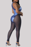 Blue Sexy Print Patchwork See-through Zipper O Neck Skinny Jumpsuits