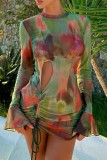 Green Sexy Print Tie Dye Hollowed Out O Neck Long Sleeve Dresses (Subject To The Actual Object)