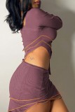 Bare Color Sexy Solid Backless Asymmetrical Off the Shoulder Long Sleeve Two Pieces