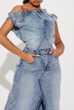 Sky Blue Casual Solid Slit Off the Shoulder Sleeveless Two Pieces