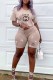 Khaki Casual Print Letter O Neck Short Sleeve Two Pieces