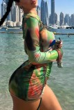 Green Sexy Print Tie Dye Hollowed Out O Neck Long Sleeve Dresses (Subject To The Actual Object)
