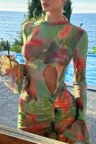 Green Sexy Print Tie Dye Hollowed Out O Neck Long Sleeve Dresses (Subject To The Actual Object)