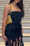 Black Sexy Solid Tassel Backless Strapless Sleeveless Dress Dresses