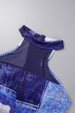 Blue Sexy Print Patchwork See-through Zipper O Neck Skinny Jumpsuits