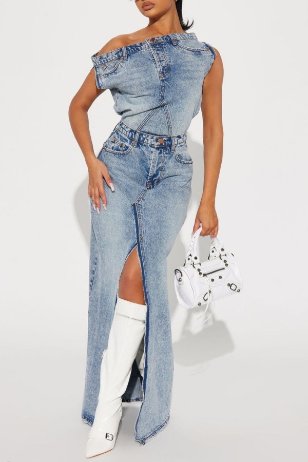 Sky Blue Casual Solid Slit Off the Shoulder Sleeveless Two Pieces