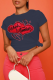 Navy Blue Casual Daily Print Patchwork Letter O Neck T-Shirts