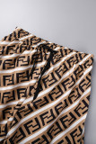 Dark Brown Street Print Letter High Waist Straight Bottoms