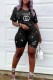 Black Casual Print Letter O Neck Short Sleeve Two Pieces