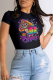 Black Casual Daily Print Letter O Neck T-Shirts
