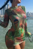 Green Sexy Print Tie Dye Hollowed Out O Neck Long Sleeve Dresses (Subject To The Actual Object)